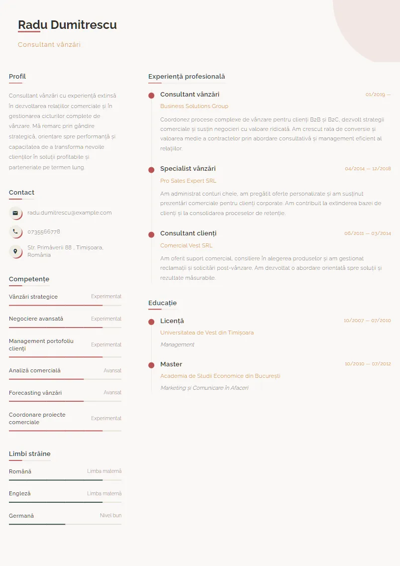 Exemplu CV Consultant vânzări - Radu Dumitrescu