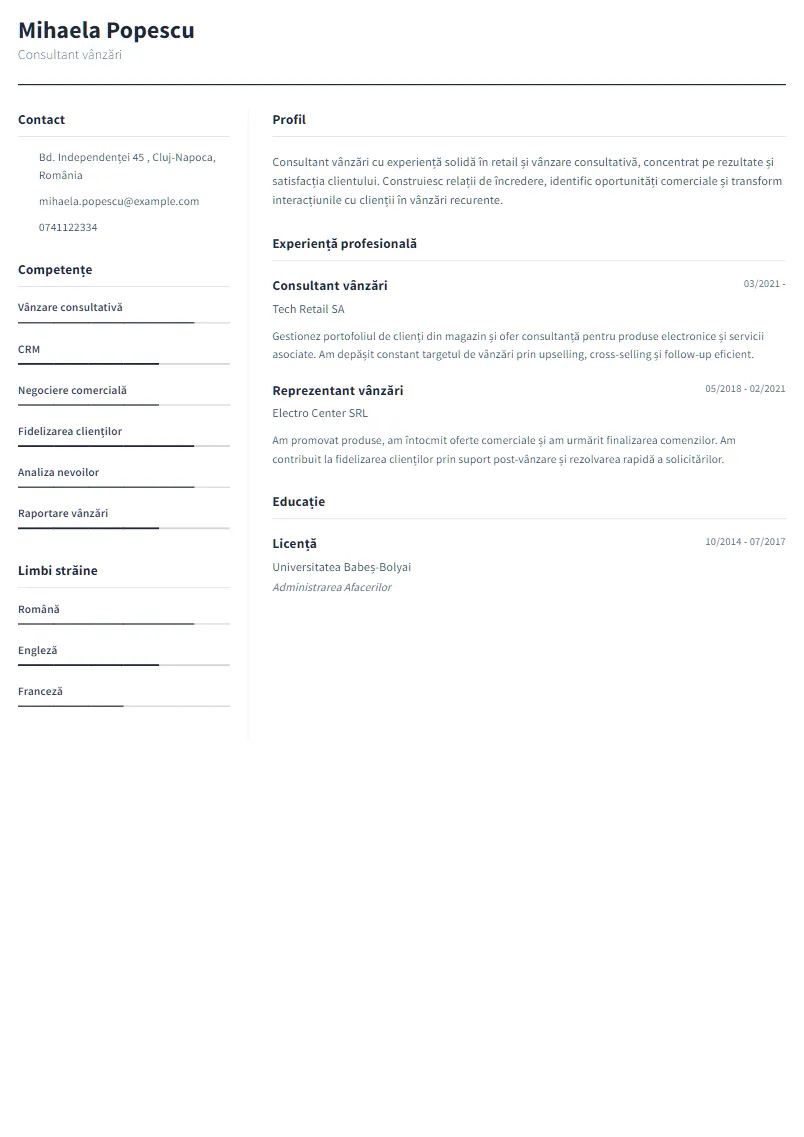 Exemplu CV Consultant vânzări - Mihaela Popescu