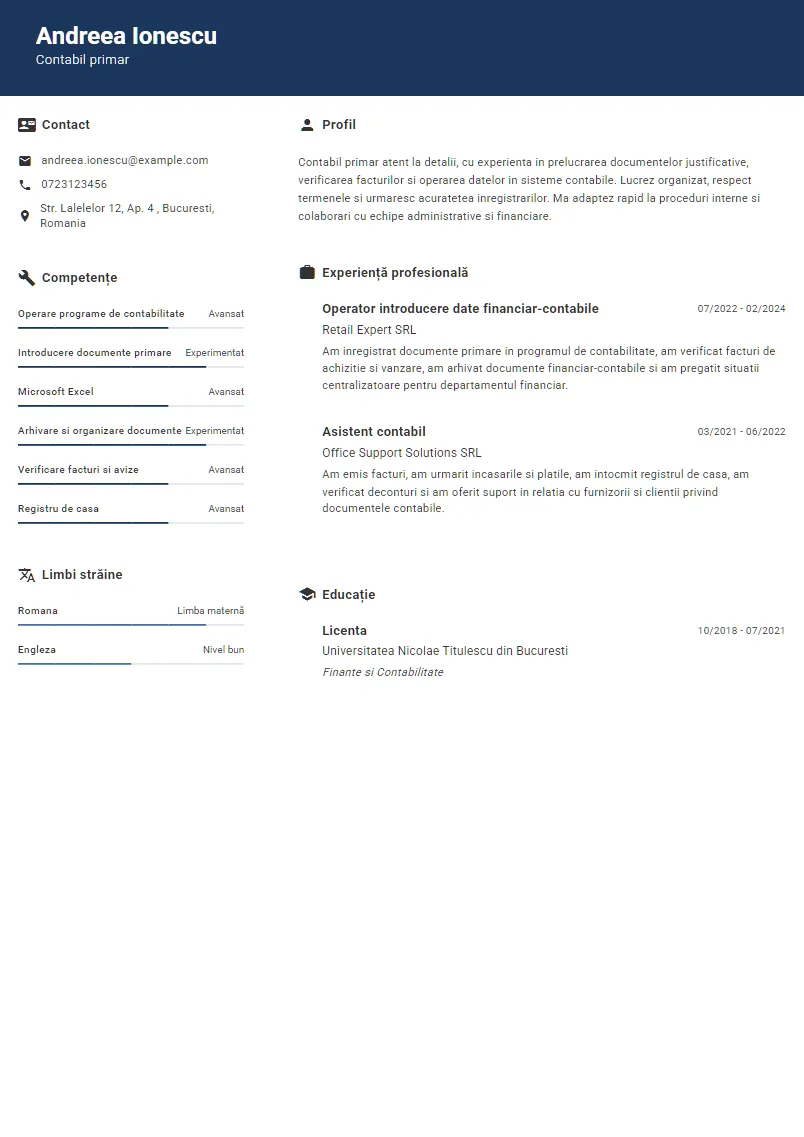 Exemplu CV Contabil primar - Andreea Ionescu