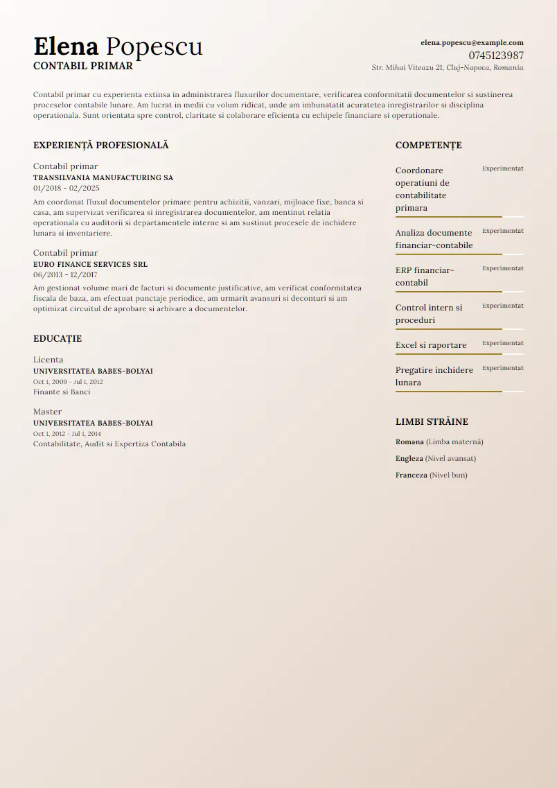 Exemplu CV Contabil primar - Elena Popescu