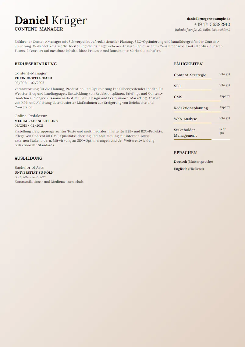 Lebenslauf Beispiel Content-Manager - Daniel Krüger