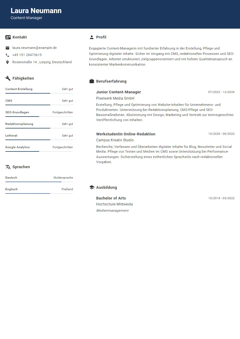 Lebenslauf Beispiel Content-Manager - Laura Neumann