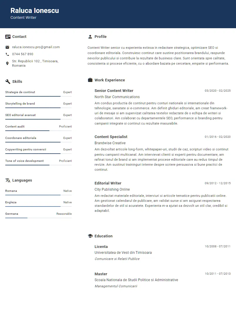 Exemplu CV Content Writer - Raluca Ionescu