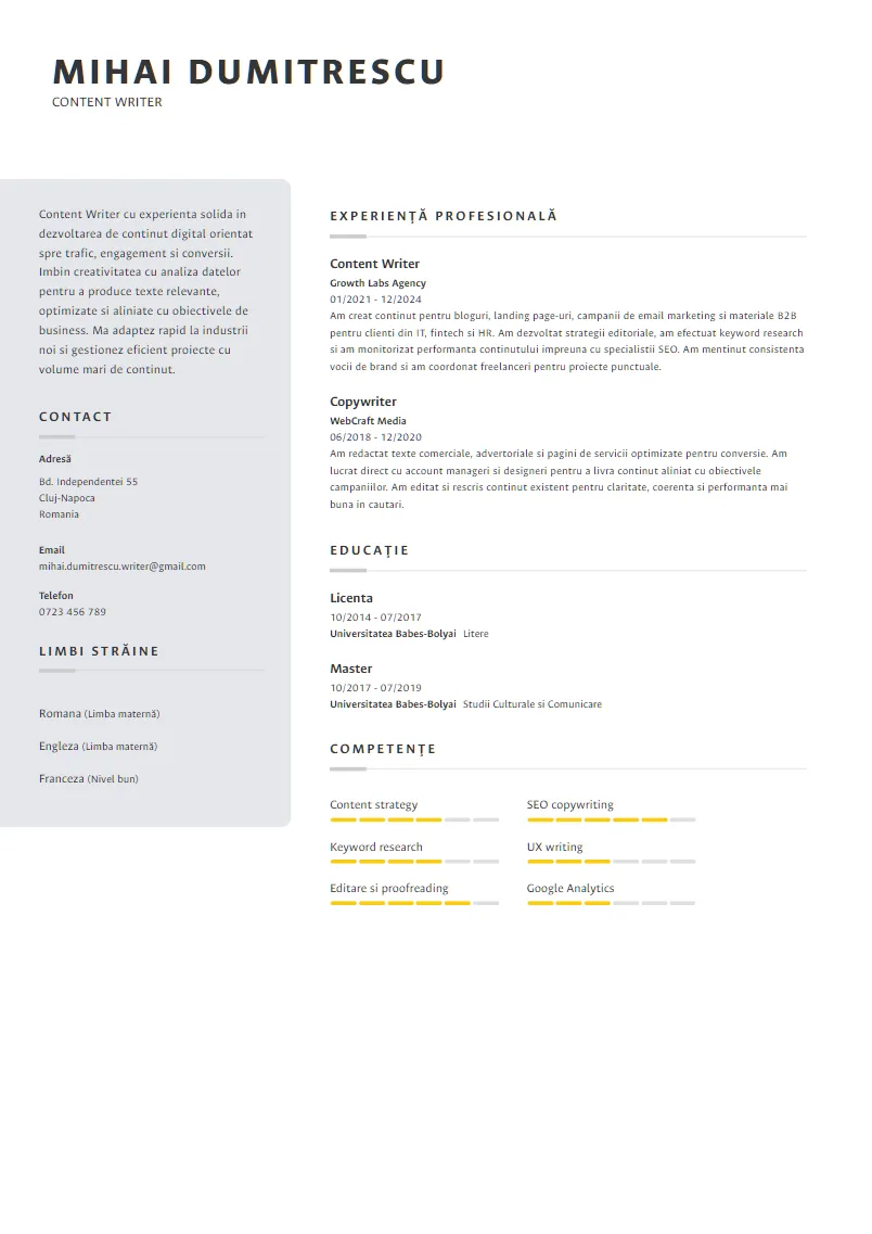 Exemplu CV Content Writer - Mihai Dumitrescu