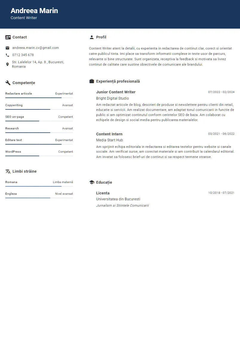 Exemplu CV Content Writer - Andreea Marin