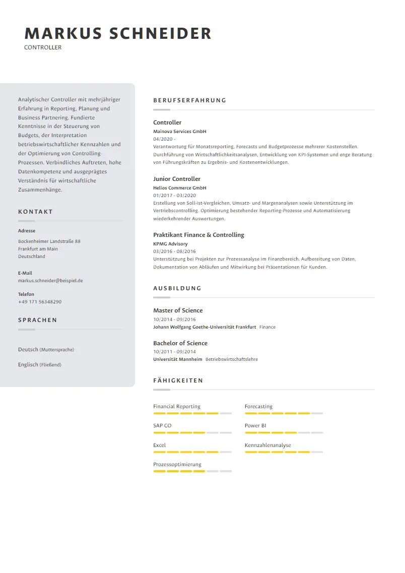 Lebenslauf Beispiel Controller - Markus Schneider
