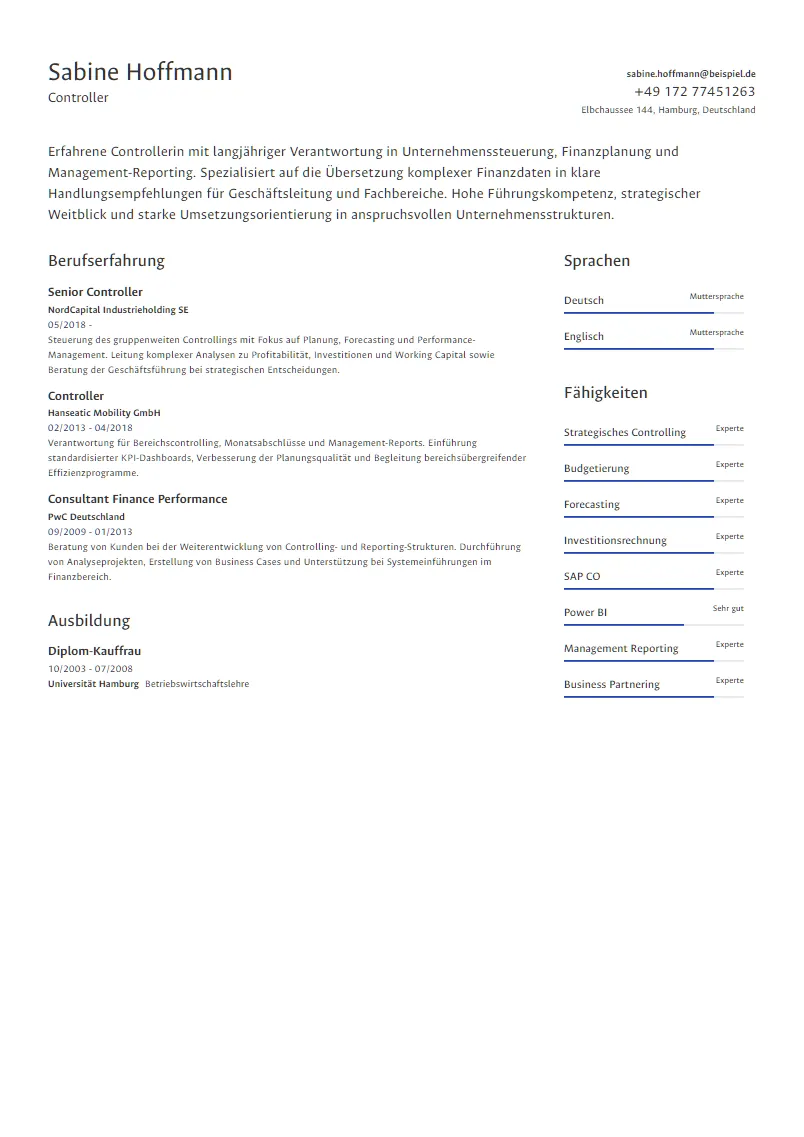 Lebenslauf Beispiel Controller - Sabine Hoffmann