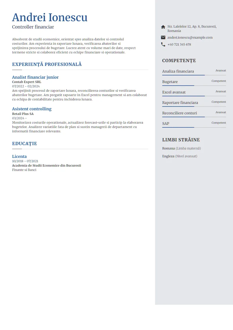 Exemplu CV Controller financiar - Andrei Ionescu
