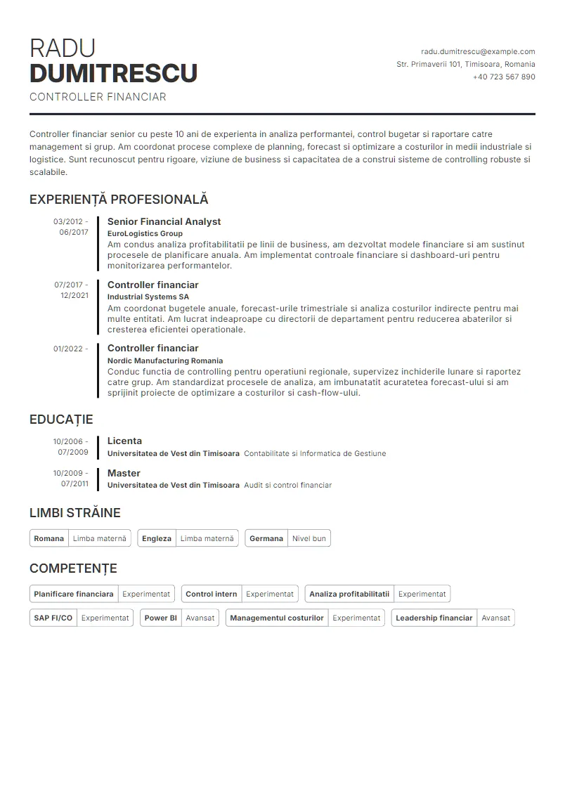 Exemplu CV Controller financiar - Radu Dumitrescu