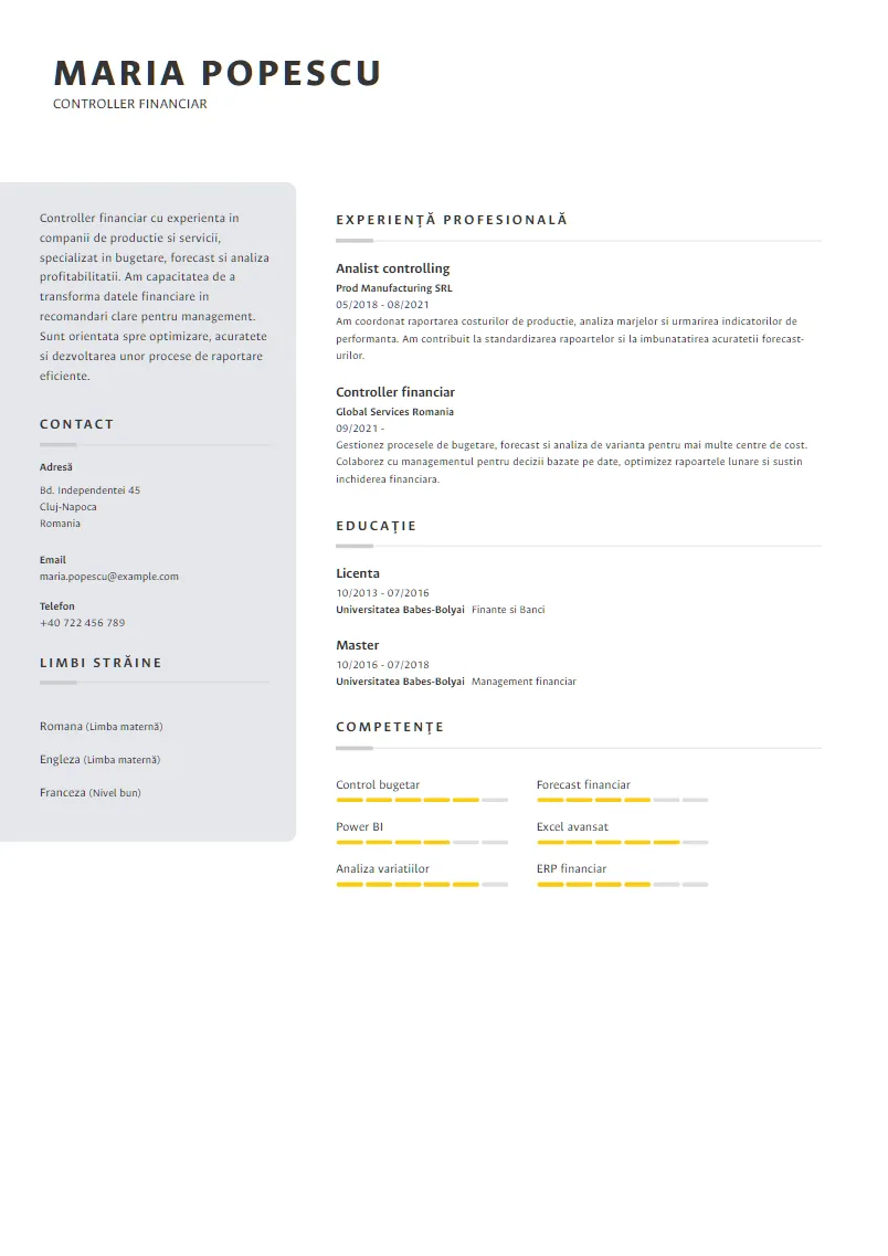 Exemplu CV Controller financiar - Maria Popescu