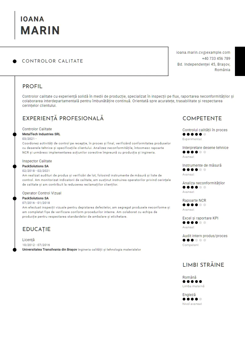 Exemplu CV Controlor Calitate - Ioana Marin