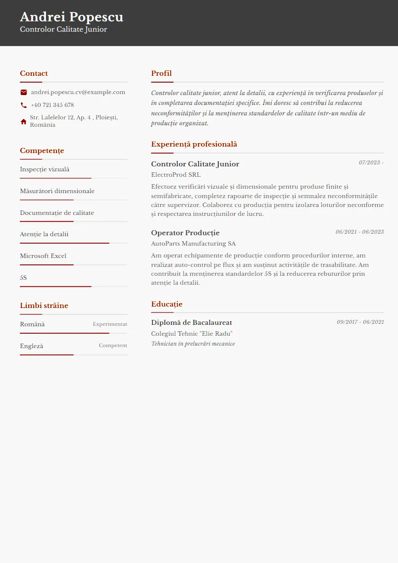 Exemplu CV Controlor Calitate Junior - Andrei Popescu