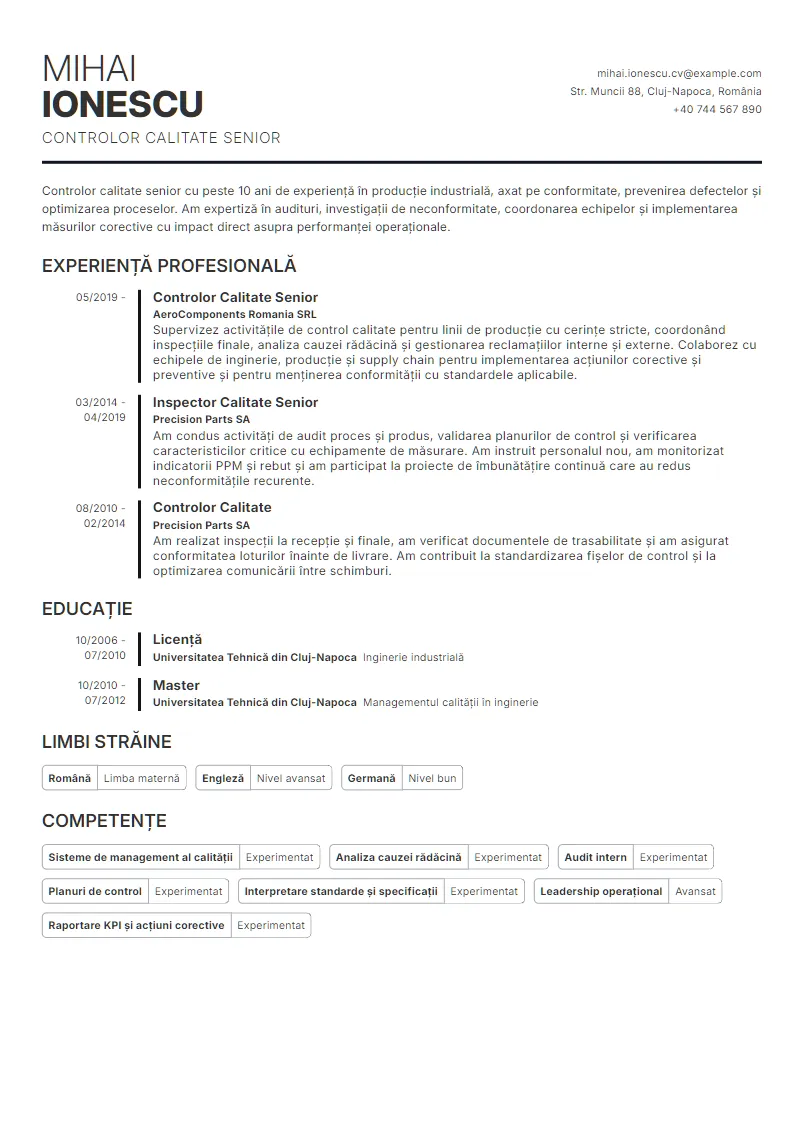 Exemplu CV Controlor Calitate Senior - Mihai Ionescu