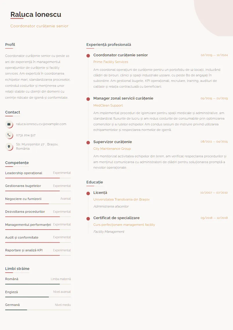 Exemplu CV Coordonator curățenie senior - Raluca Ionescu