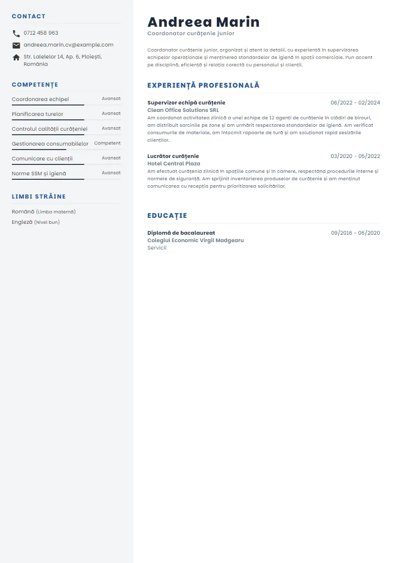 Exemplu CV Coordonator curățenie junior - Andreea Marin