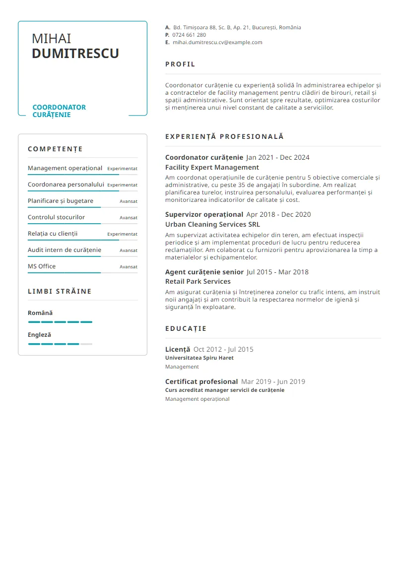 Exemplu CV Coordonator curățenie - Mihai Dumitrescu