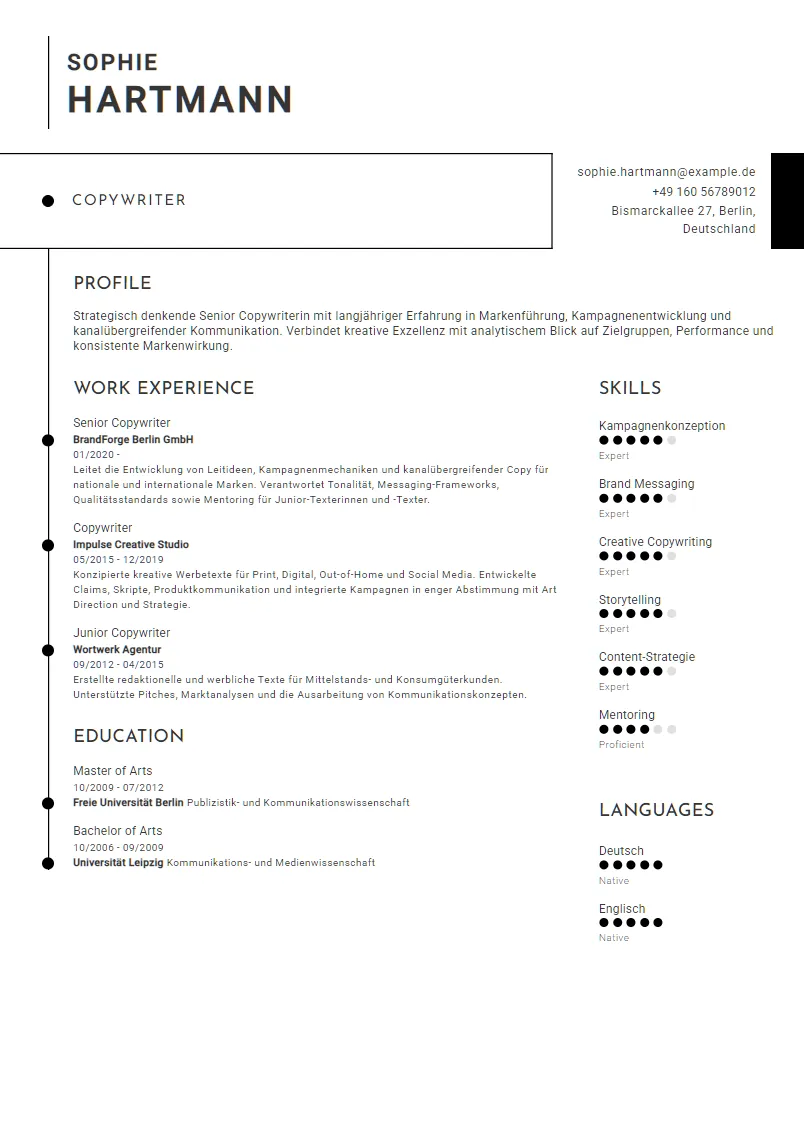 Lebenslauf Beispiel Copywriter - Sophie Hartmann