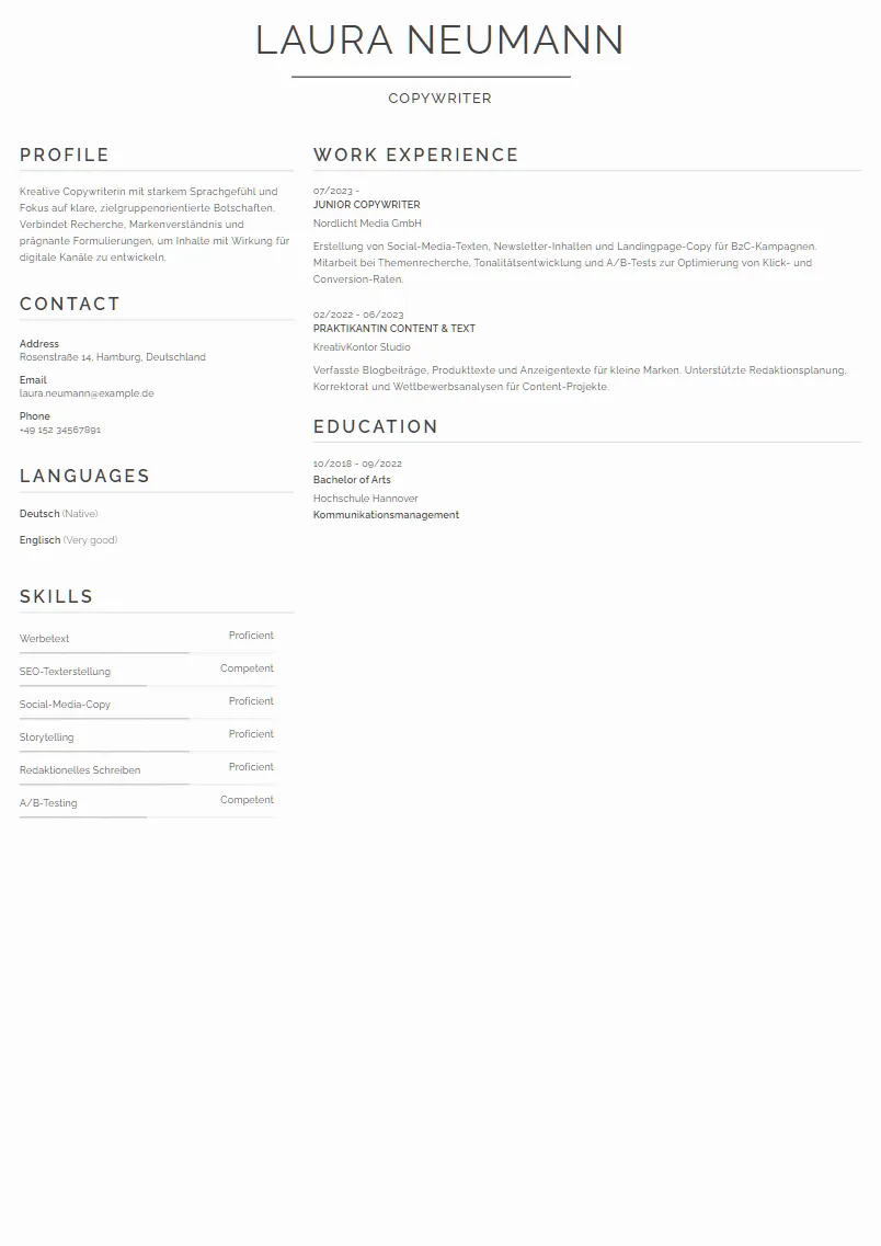 Lebenslauf Beispiel Copywriter - Laura Neumann