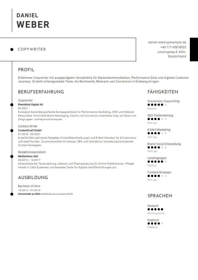 Lebenslauf Beispiel Copywriter - Daniel Weber