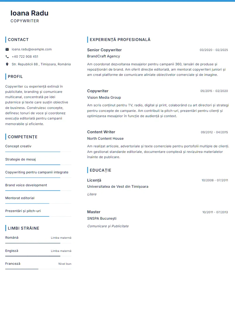 Exemplu CV Copywriter - Ioana Radu