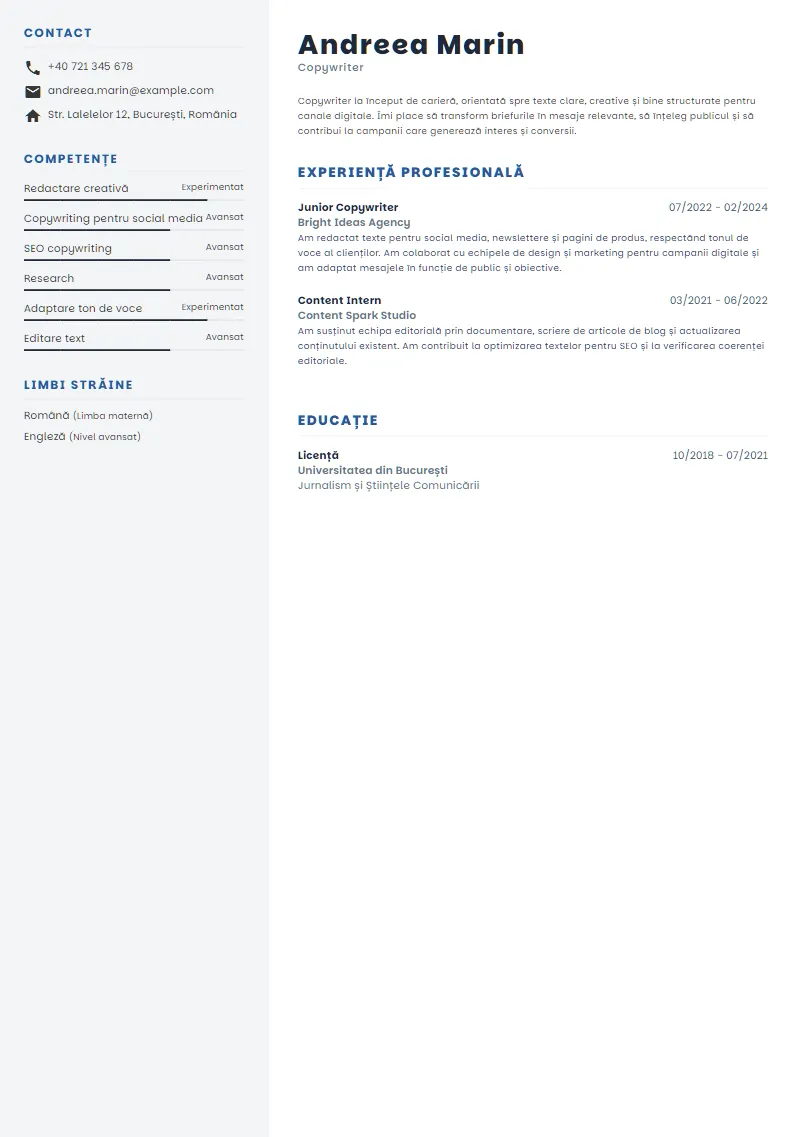 Exemplu CV Copywriter - Andreea Marin
