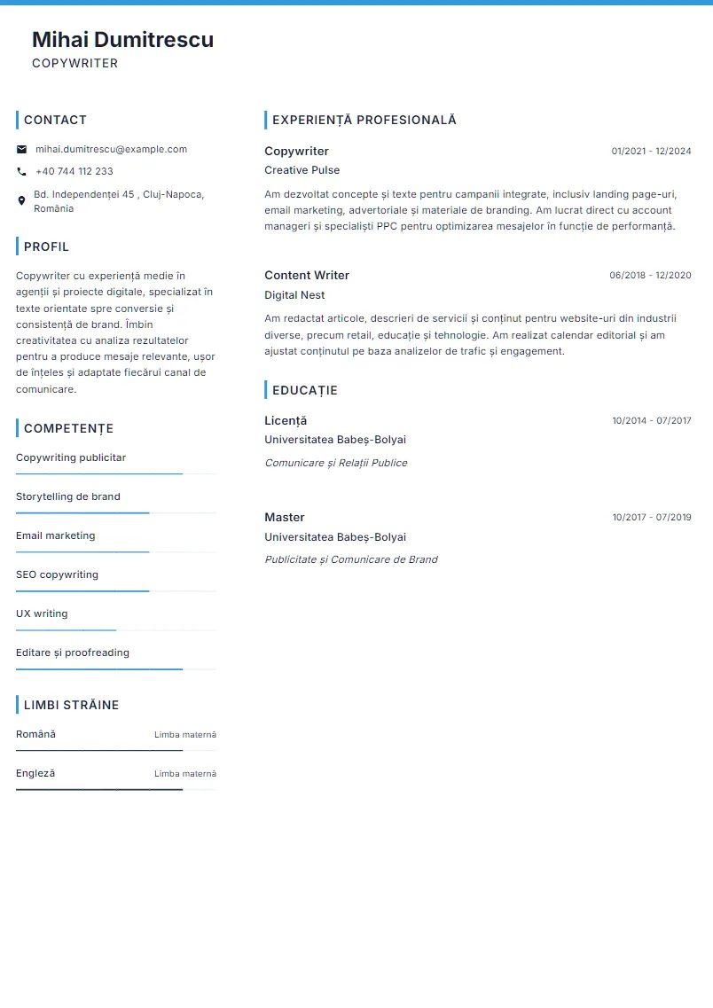 Exemplu CV Copywriter - Mihai Dumitrescu