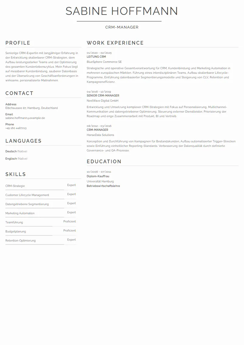 Lebenslauf Beispiel CRM-Manager - Sabine Hoffmann