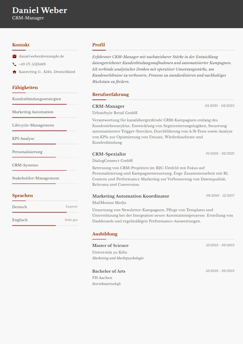 Lebenslauf Beispiel CRM-Manager - Daniel Weber