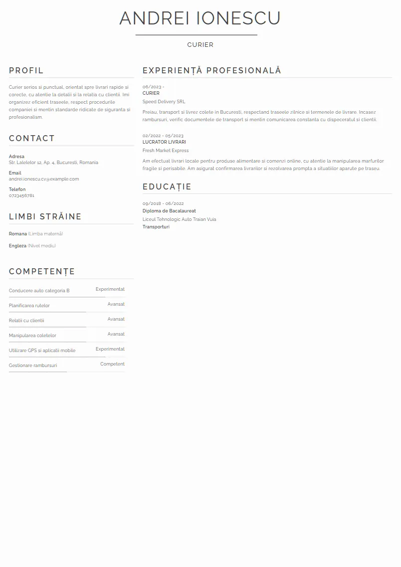 Exemplu CV Curier - Andrei Ionescu