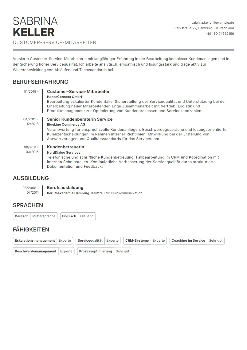 Lebenslauf Beispiel Customer-Service-Mitarbeiter - Sabrina Keller