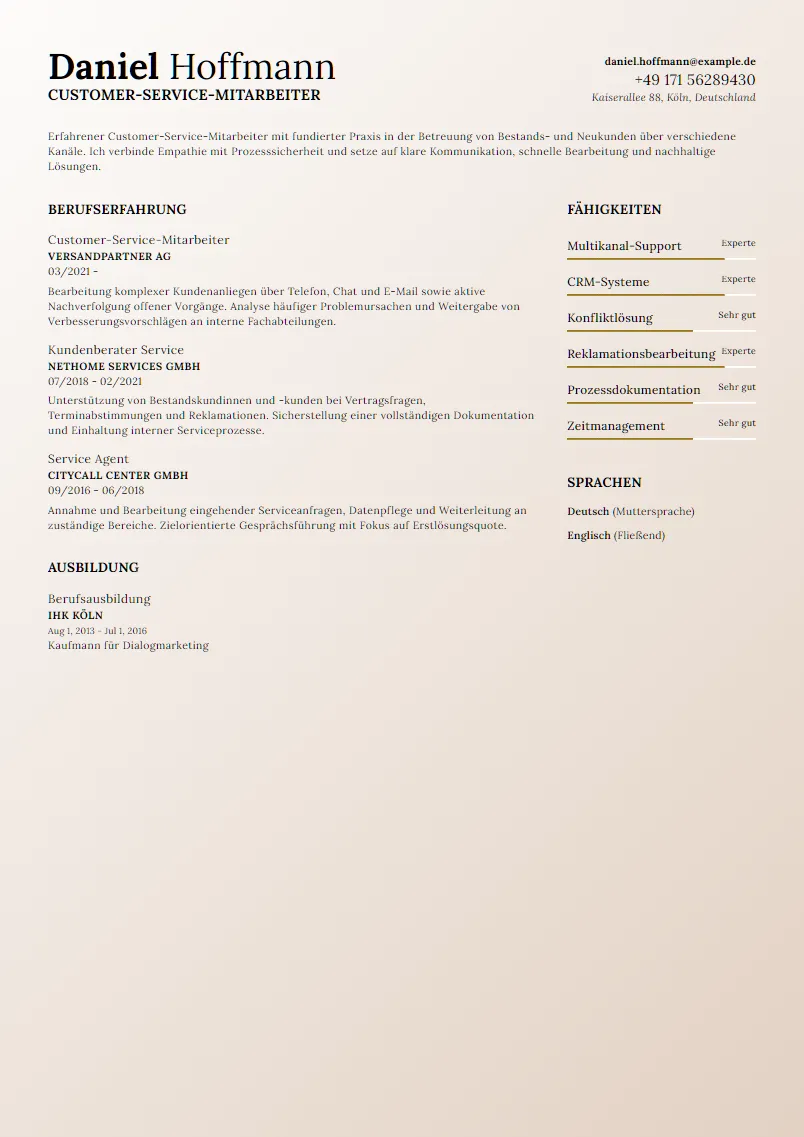 Lebenslauf Beispiel Customer-Service-Mitarbeiter - Daniel Hoffmann