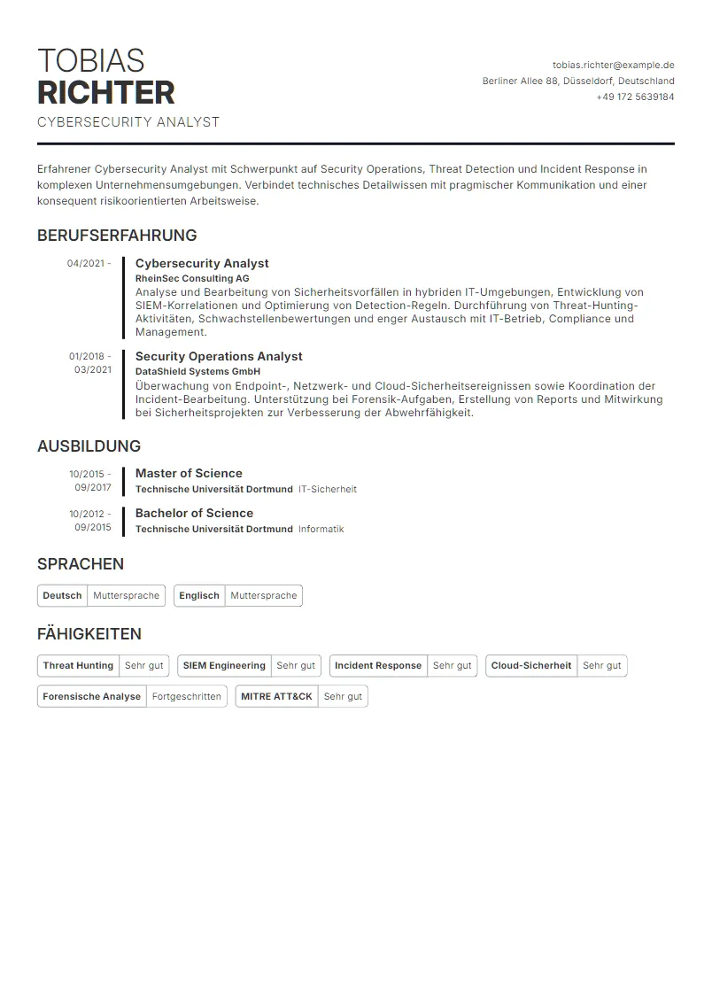 Lebenslauf Beispiel Cybersecurity Analyst - Tobias Richter