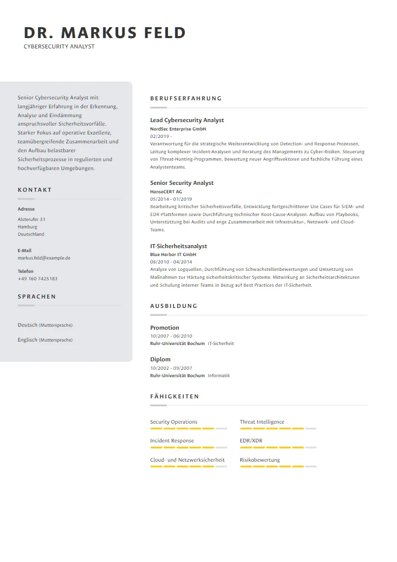 Lebenslauf Beispiel Cybersecurity Analyst - Dr. Markus Feld