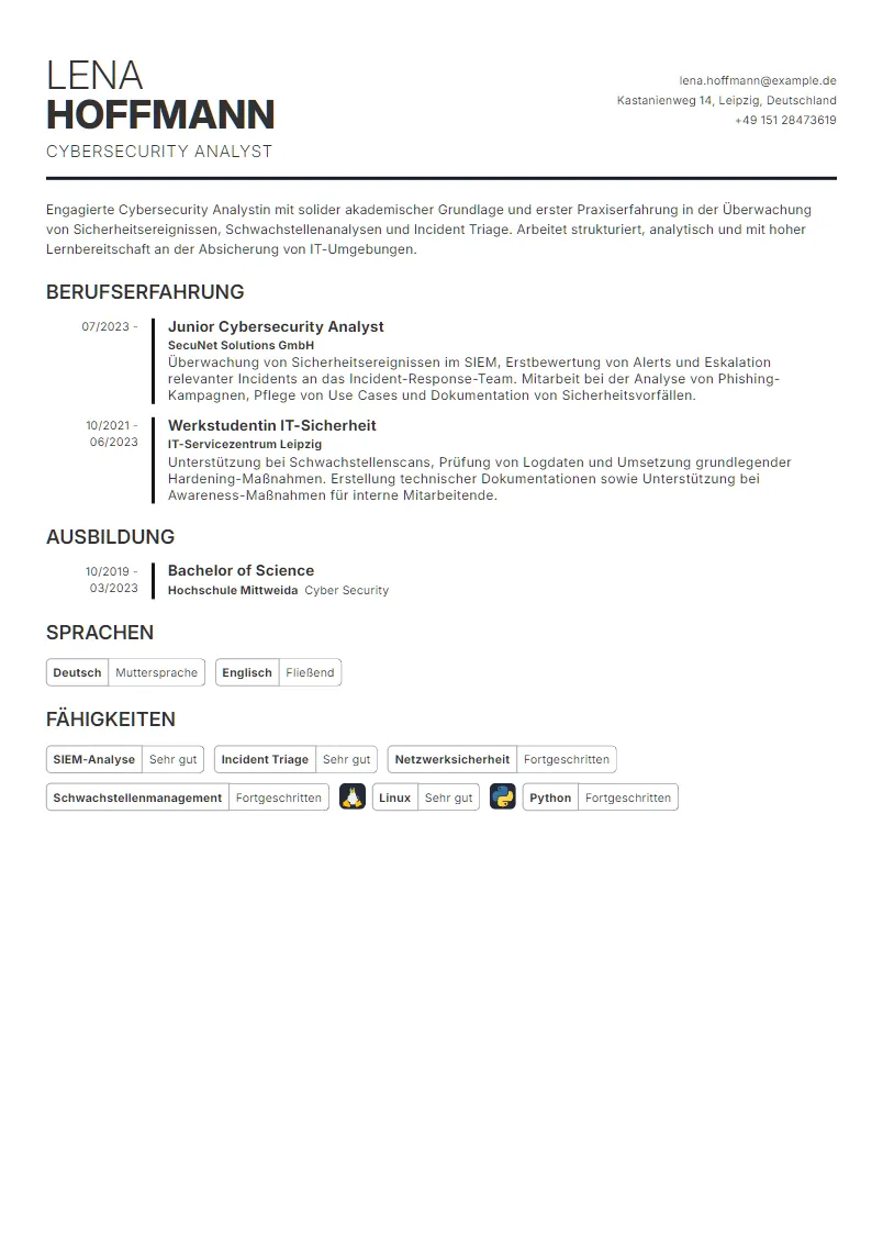 Lebenslauf Beispiel Cybersecurity Analyst - Lena Hoffmann