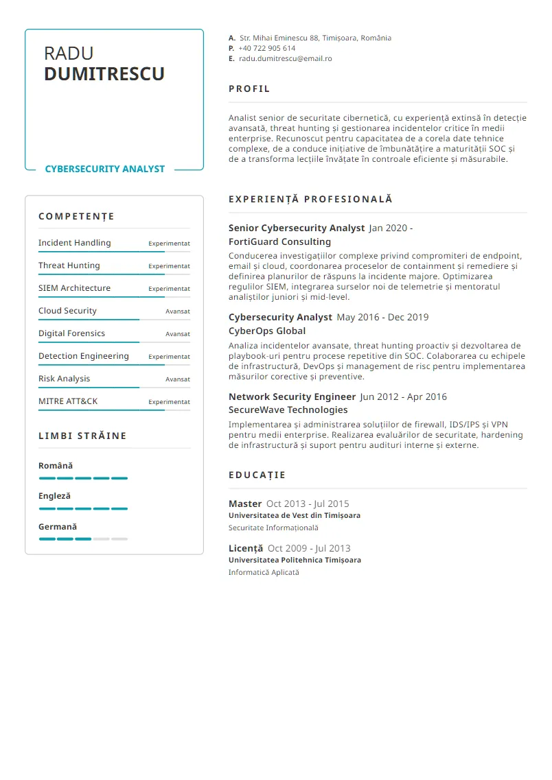 Exemplu CV Cybersecurity Analyst - Radu Dumitrescu