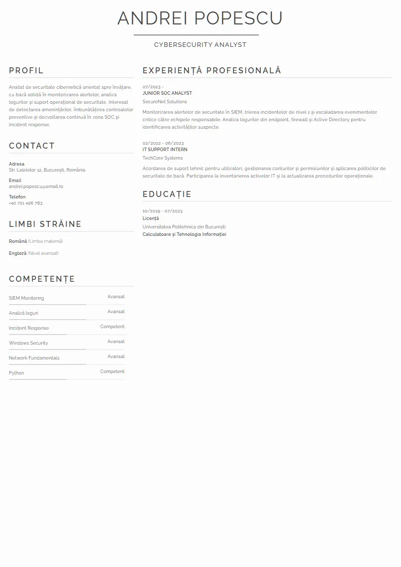 Exemplu CV Cybersecurity Analyst - Andrei Popescu