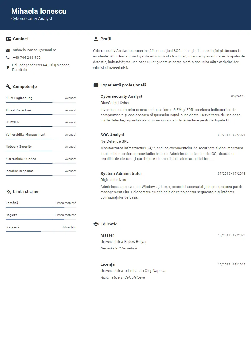 Exemplu CV Cybersecurity Analyst - Mihaela Ionescu