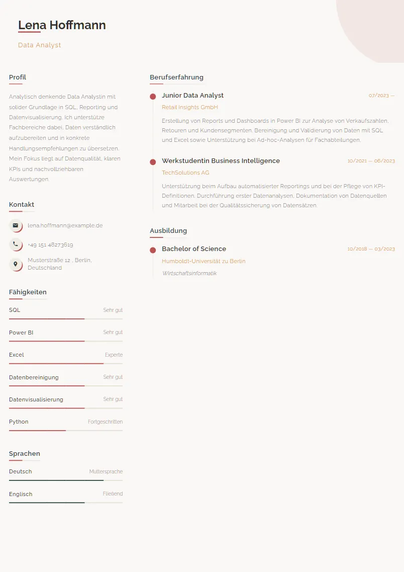 Lebenslauf Beispiel Data Analyst - Lena Hoffmann
