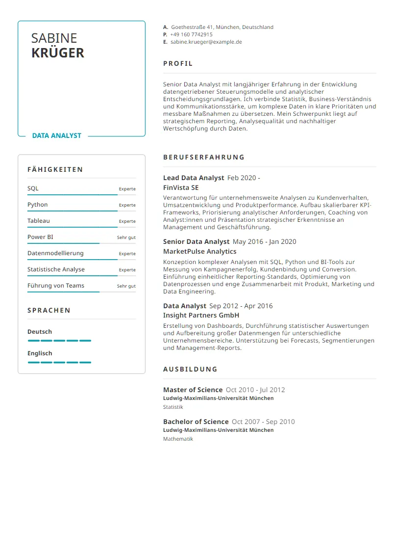 Lebenslauf Beispiel Data Analyst - Sabine Krüger