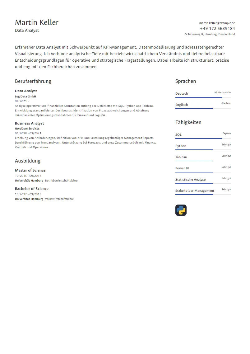 Lebenslauf Beispiel Data Analyst - Martin Keller