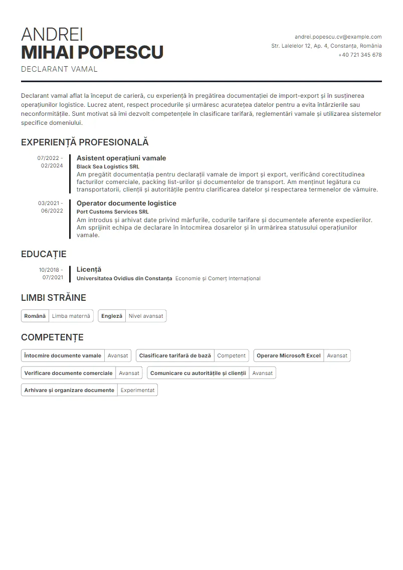 Exemplu CV Declarant vamal - Andrei Mihai Popescu