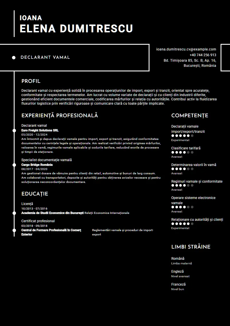 Exemplu CV Declarant vamal - Ioana Elena Dumitrescu