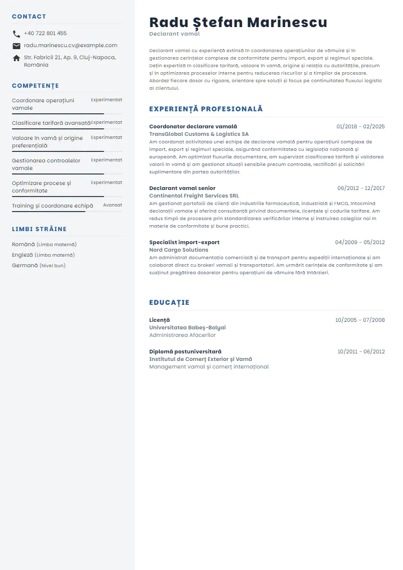 Exemplu CV Declarant vamal - Radu Ștefan Marinescu