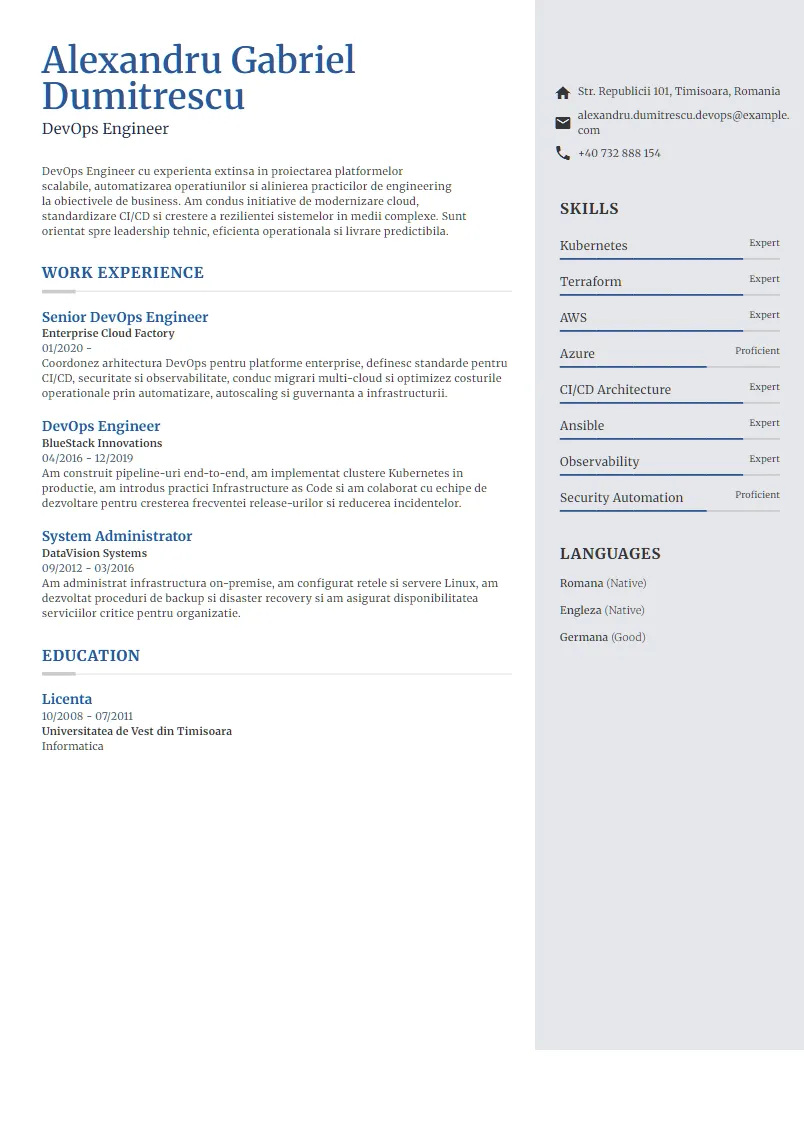 Exemplu CV DevOps Engineer - Alexandru Gabriel Dumitrescu
