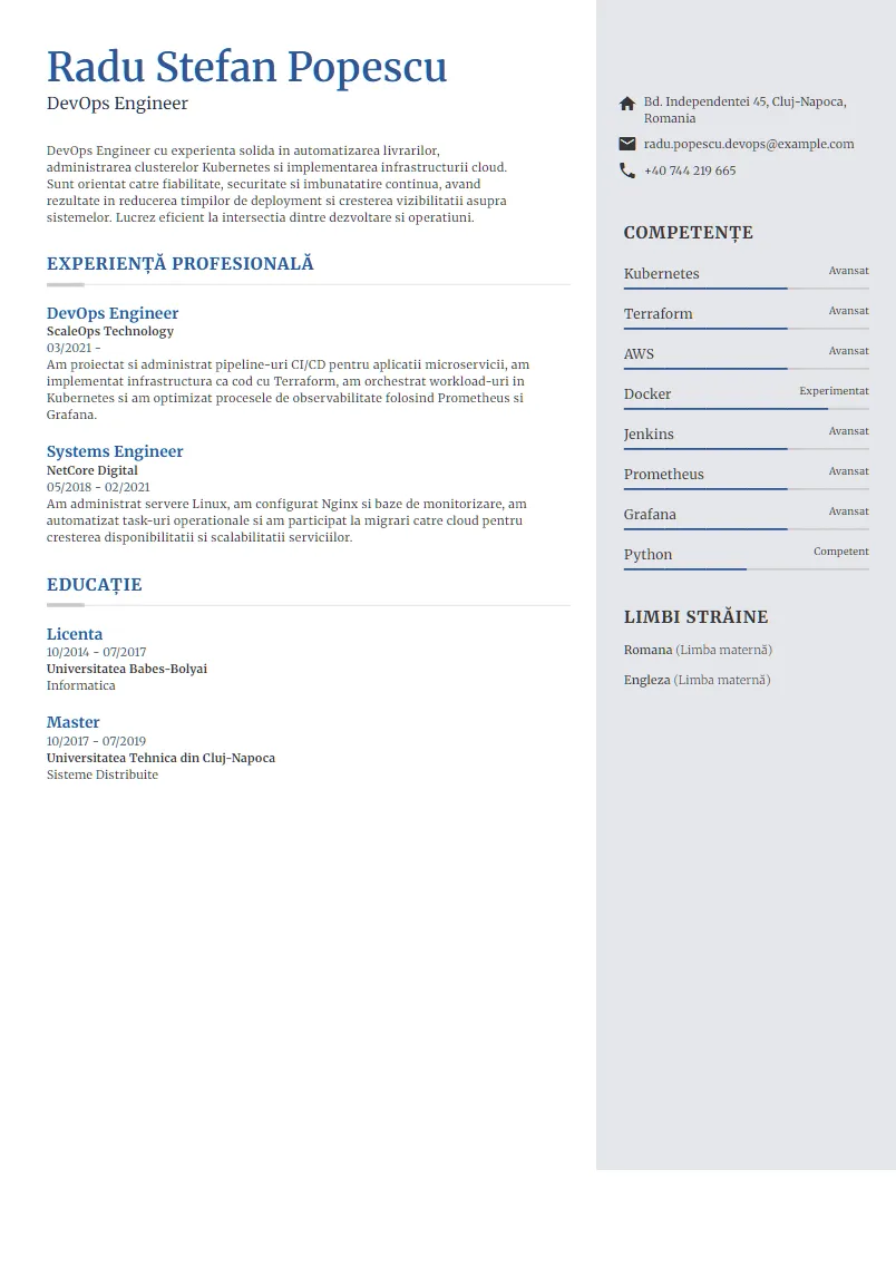 Exemplu CV DevOps Engineer - Radu Stefan Popescu