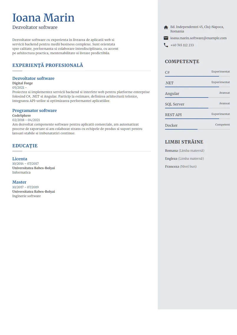 Exemplu CV Dezvoltator software - Ioana Marin