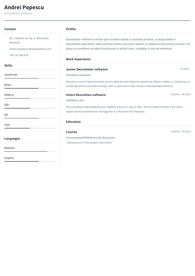 Exemplu CV Dezvoltator software - Andrei Popescu