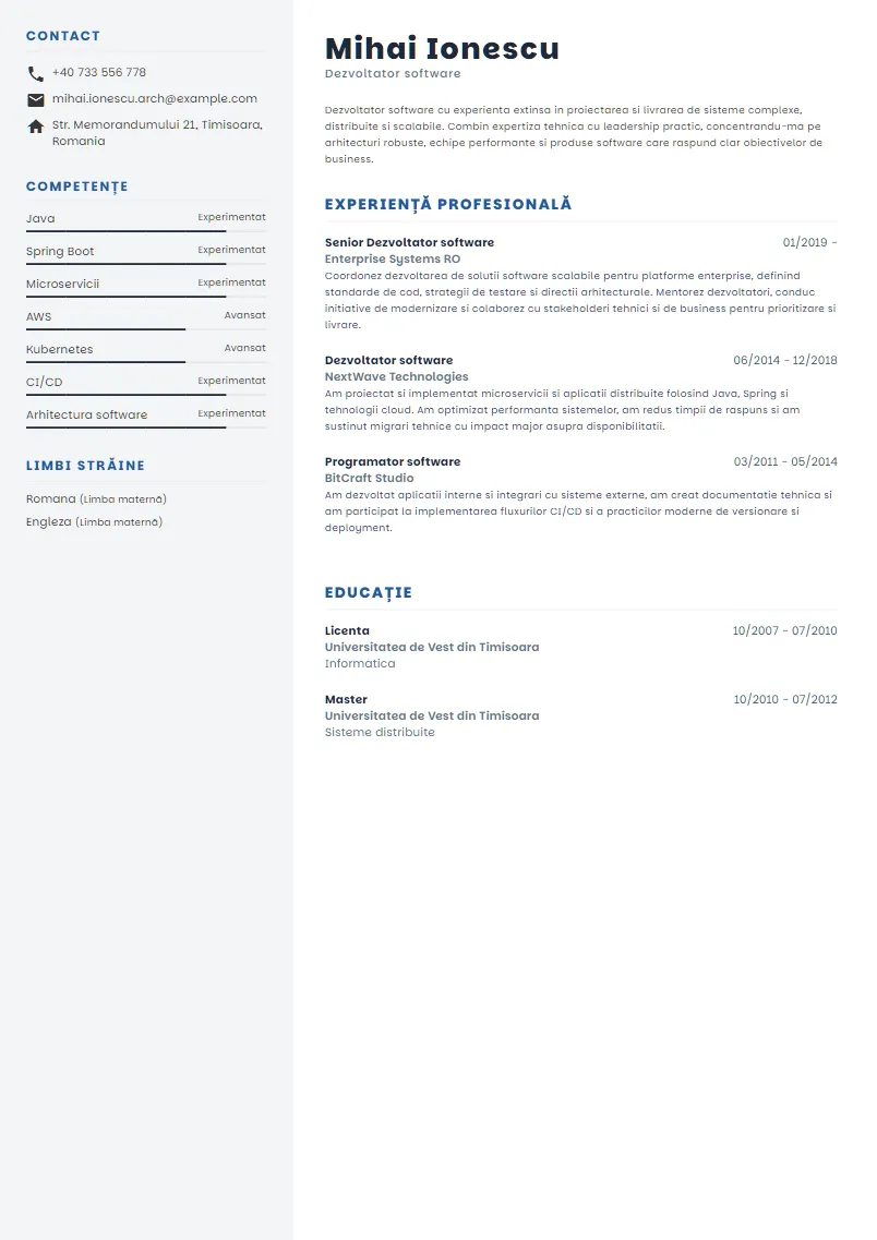 Exemplu CV Dezvoltator software - Mihai Ionescu