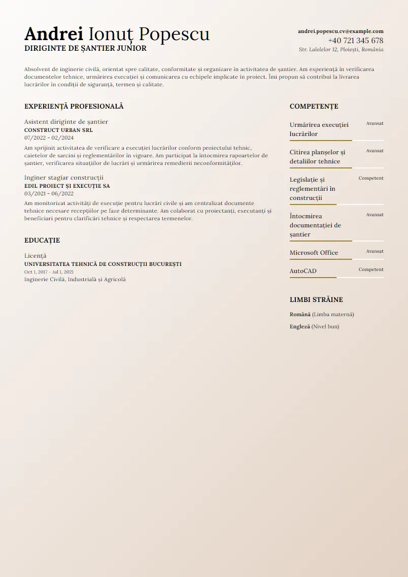 Exemplu CV Diriginte de șantier junior - Andrei Ionuț Popescu