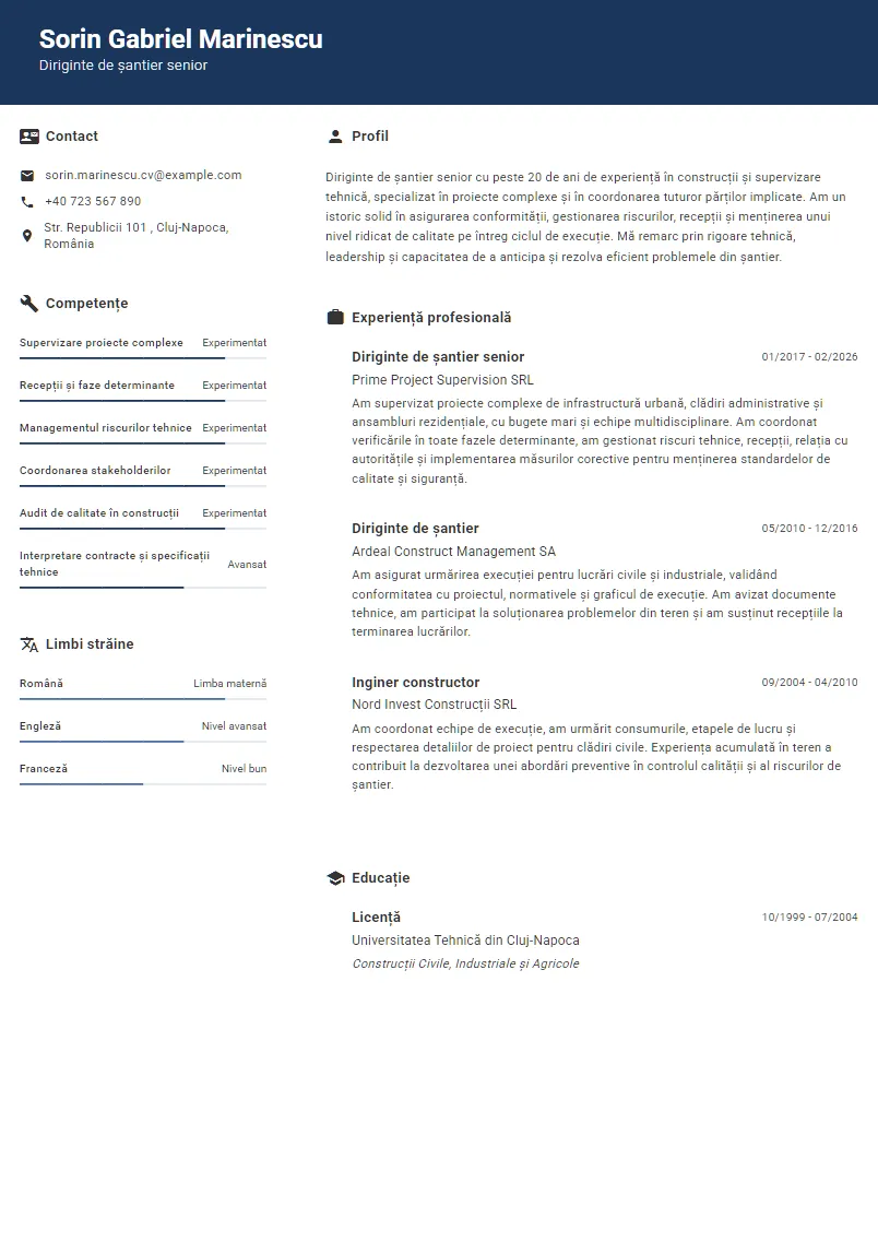 Exemplu CV Diriginte de șantier senior - Sorin Gabriel Marinescu